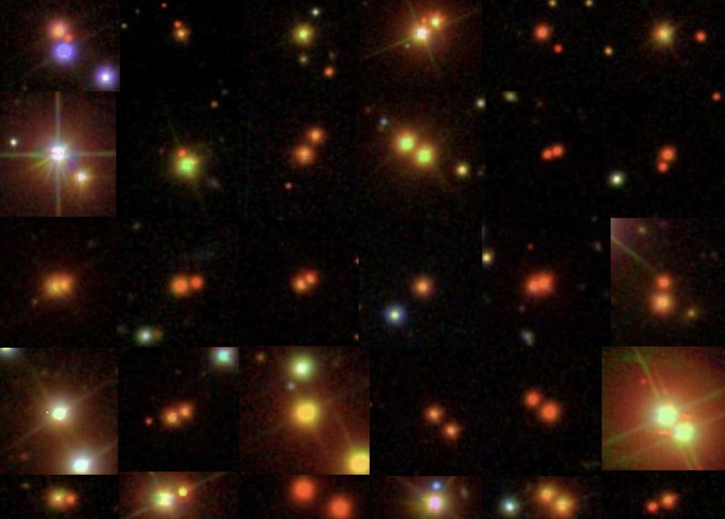 Collage of binary star systems photographed by the Gaia telescope