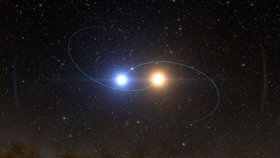 Illustration of a binary star system consisting of a very hot blue star and a less hot orange one