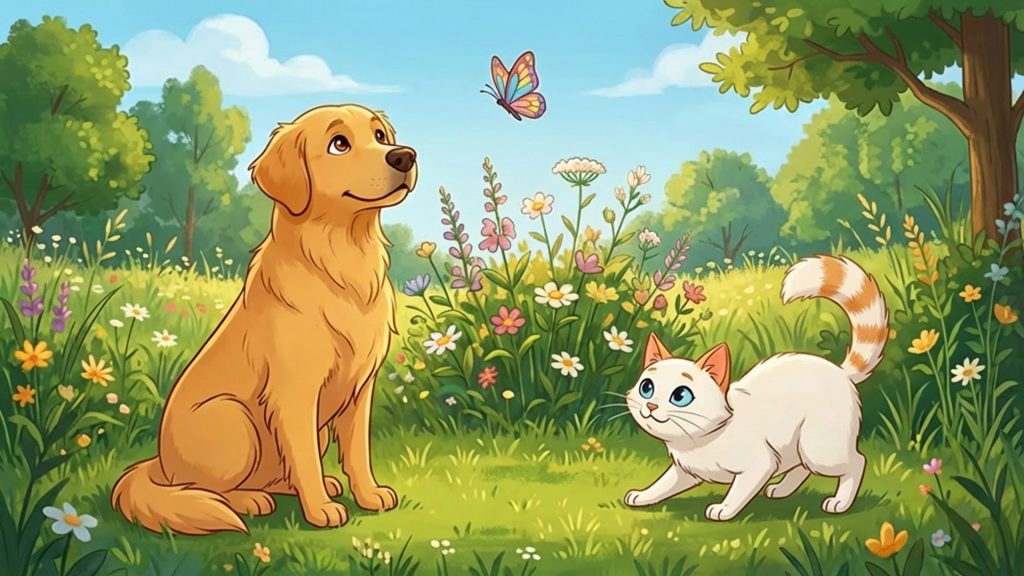 Golden Retriever and white cat playing on a sunny flower meadow and watching a butterfly