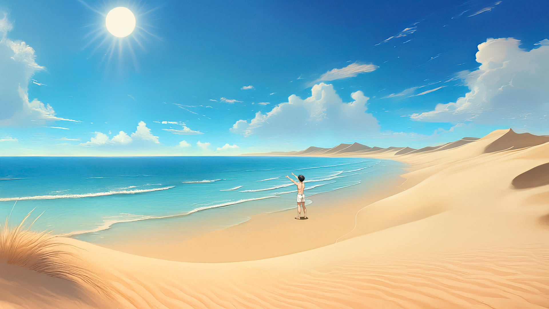 Man standing on a sunny beach reaching his arms towards the Sun. Behind him is a desert with undulating dunes